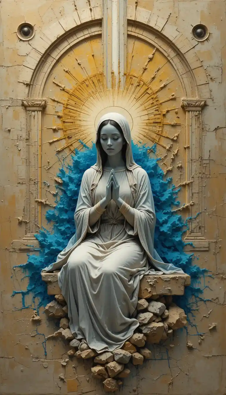 Seated woman in an earthy abstract cave interior