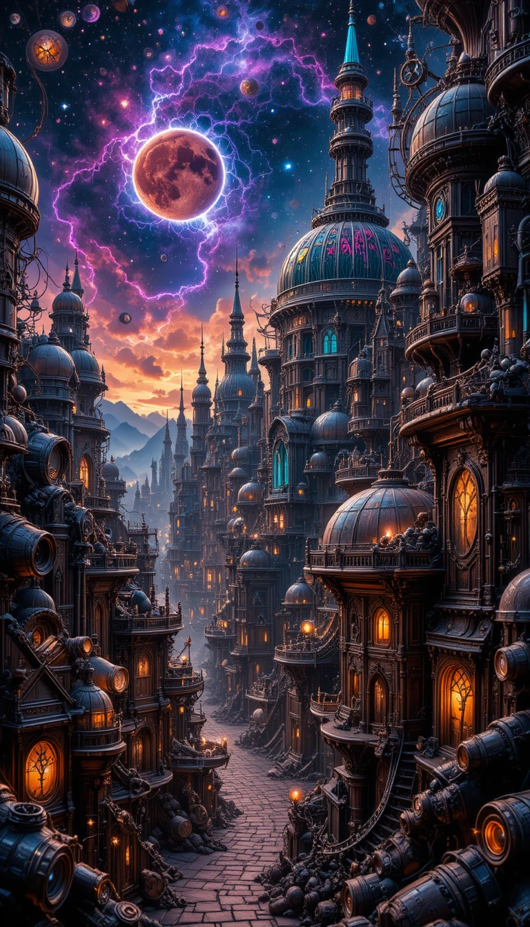 Vibrante cidade steampunk com engrenagens de néon e céu cósmico
