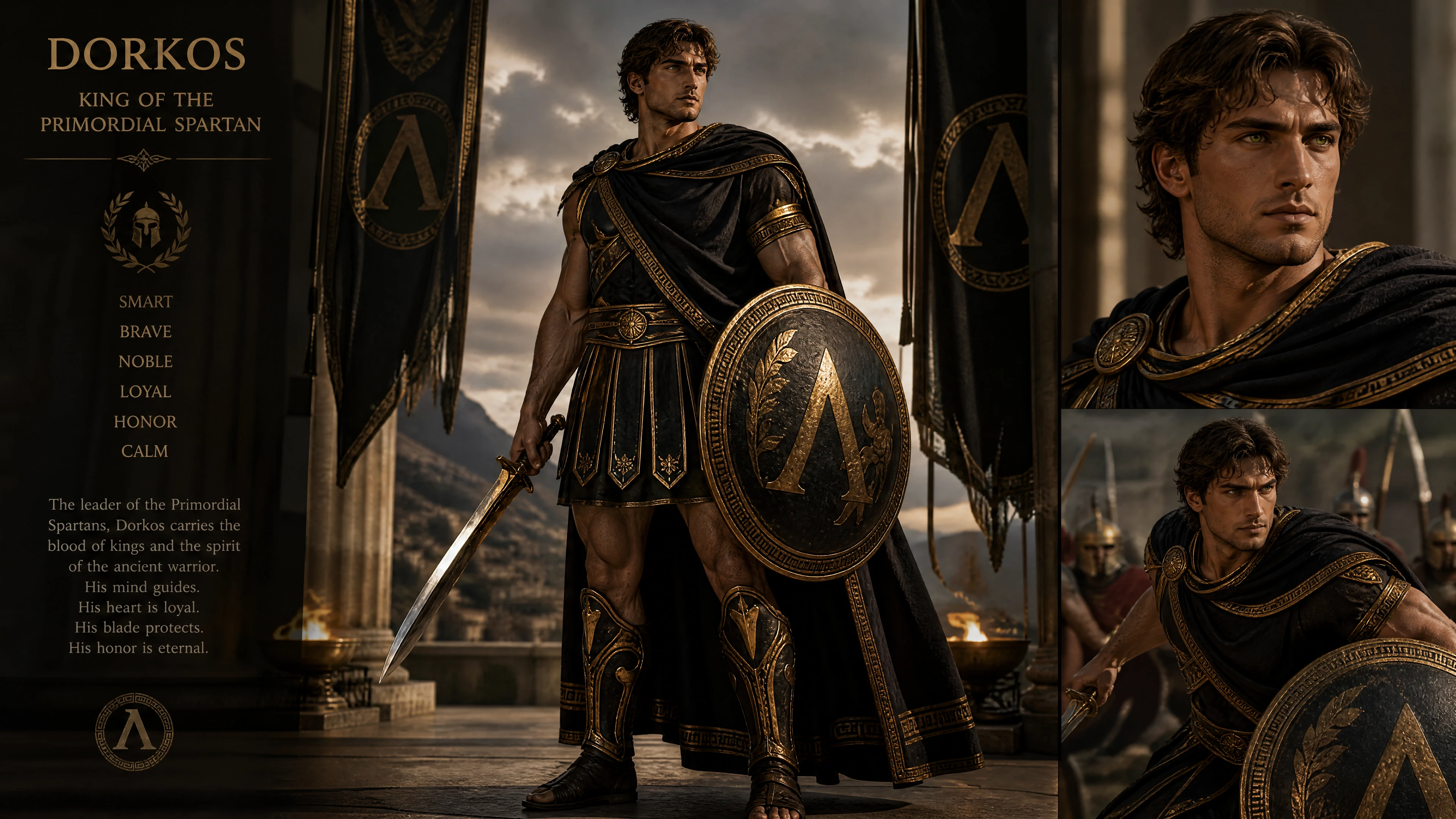 Nobile re spartano in antica veste reale da battaglia