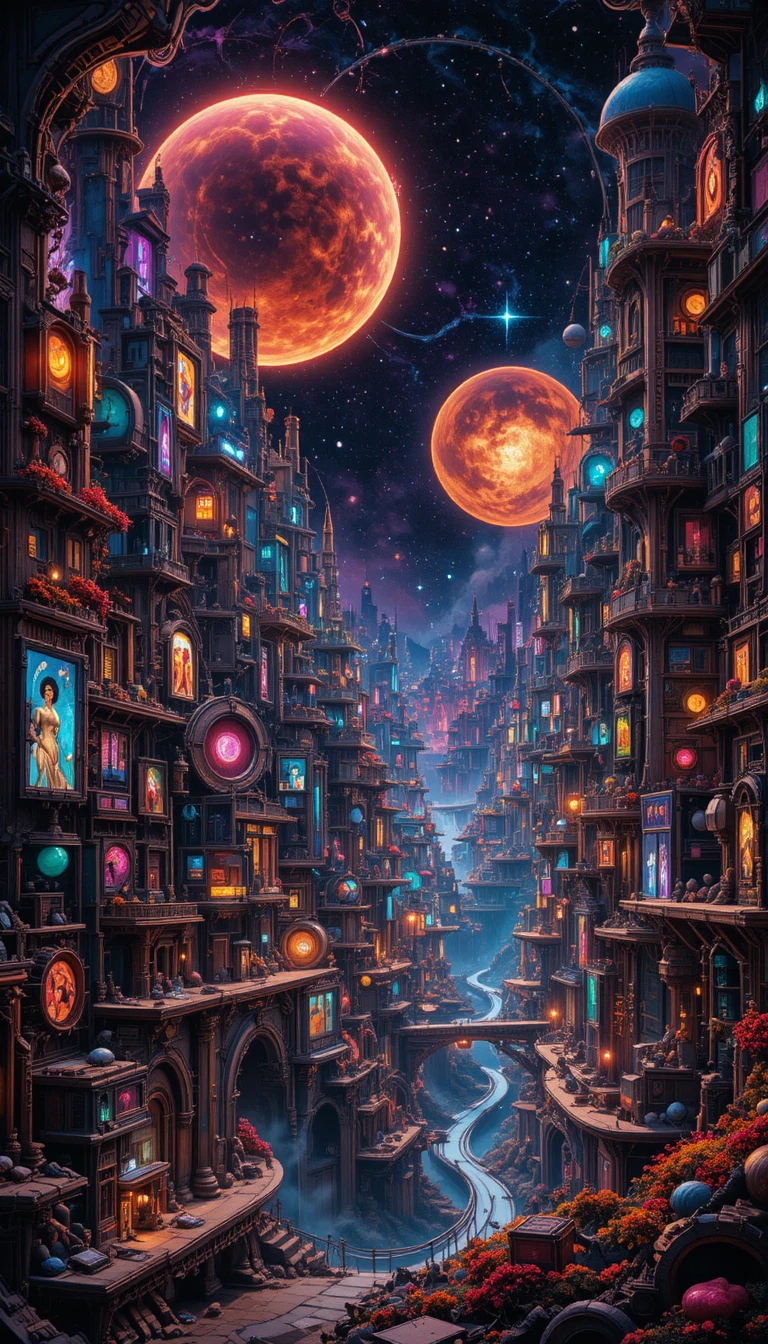 充滿活力的蒸氣龐克城市景觀與宇宙天際中的霓虹齒輪