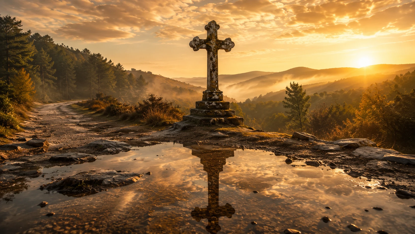 Cruz de pedra desgastada refletida em uma poça silenciosa na floresta