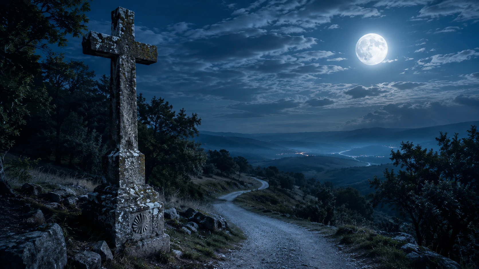 Croce di pietra accanto a un sentiero nel bosco illuminato dalla luna sul Cammino