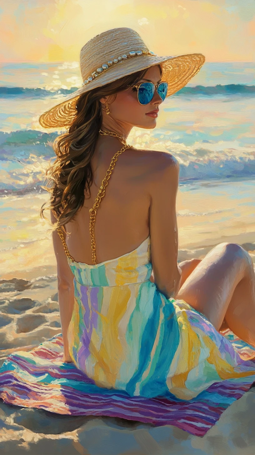 Elegante Frau auf gestreiftem Handtuch bei leuchtendem Strandsonnenuntergang