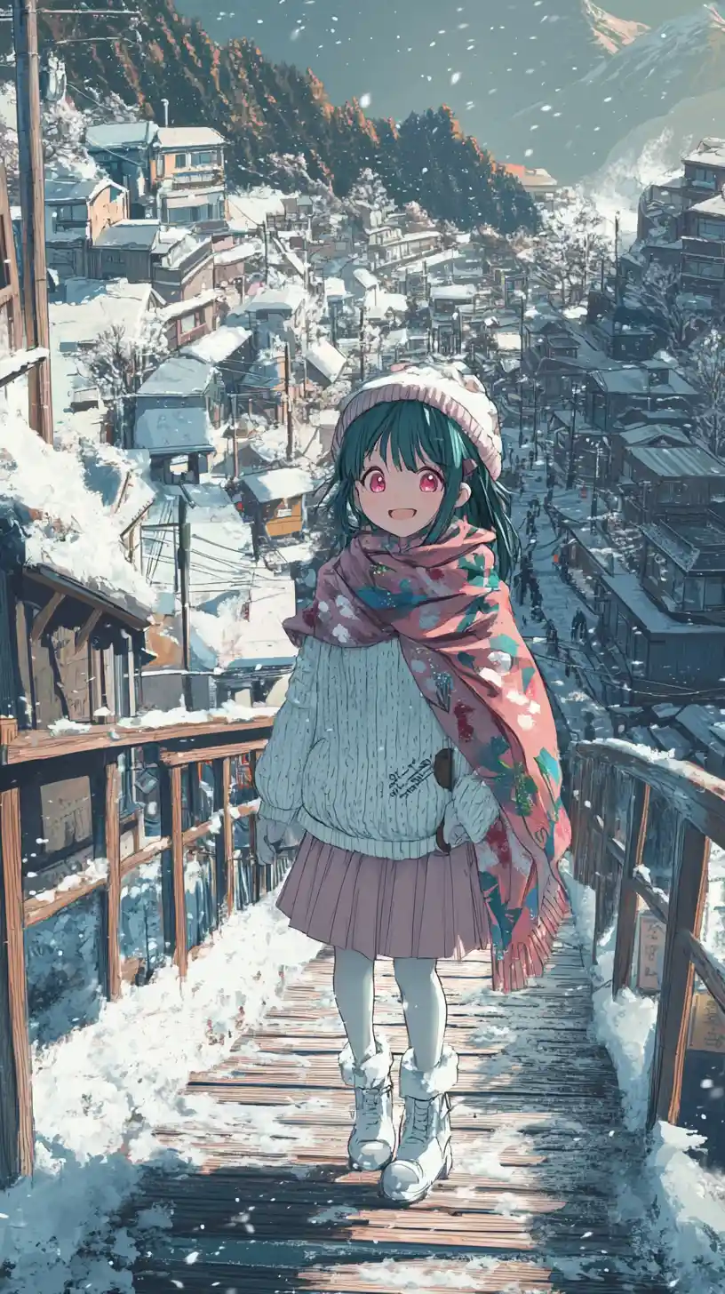 Anime girl walking with dog across a wooden bridge