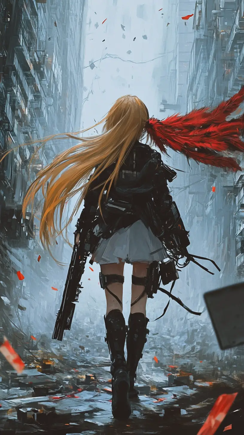 手槍動漫少女走在黑暗伺服器機房中