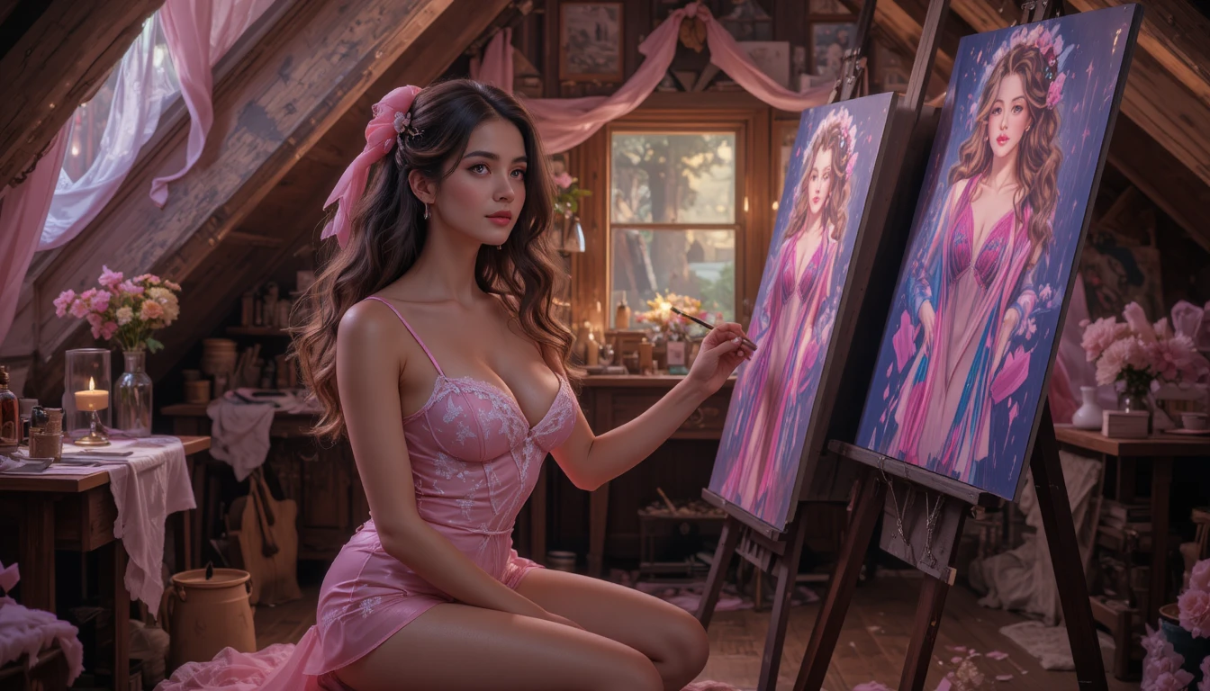 Romantic woman painting in a quiet attic art studio
