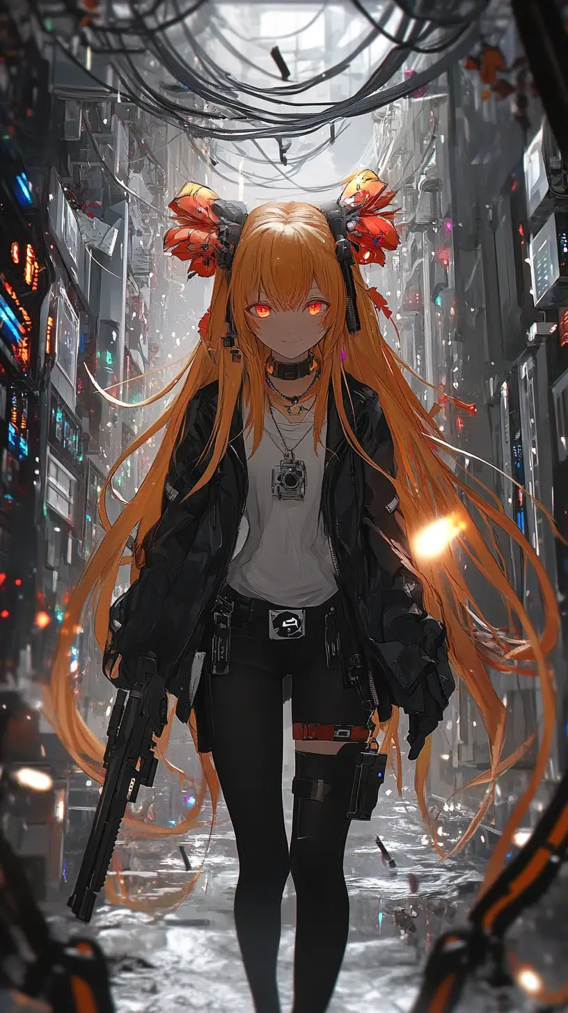 持槍的動漫少女走在黑暗伺服器機房中