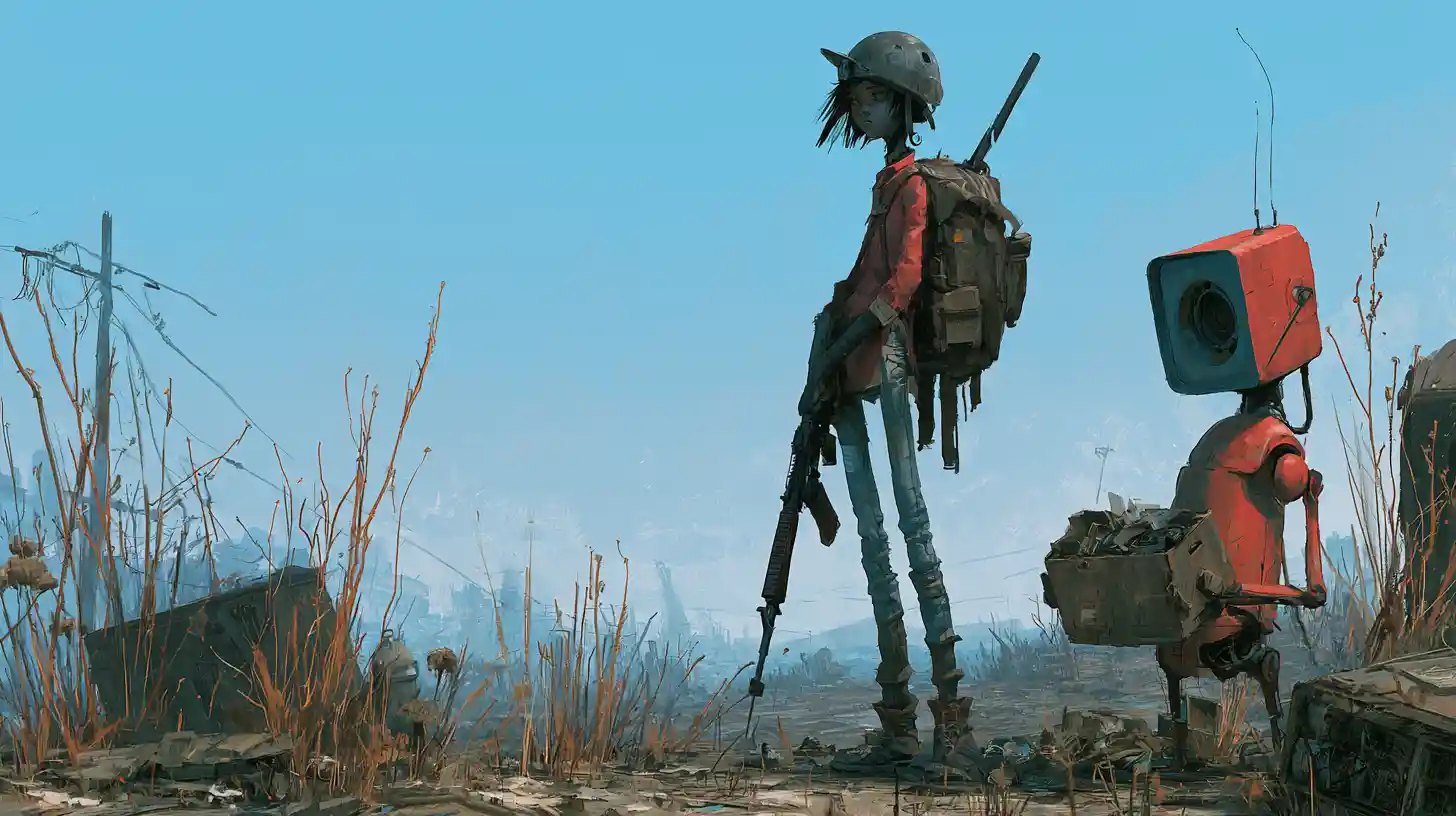 Tall sci fi woman and droid in a ruined wasteland