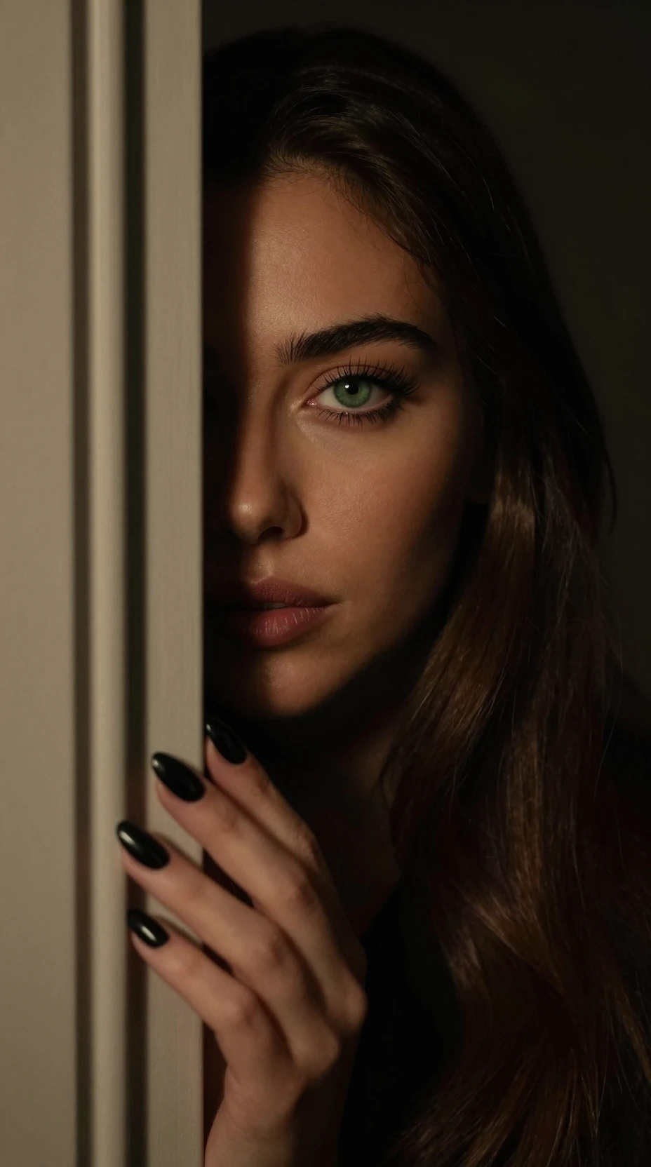 Mulher espiando por porta escura em retrato intenso em close