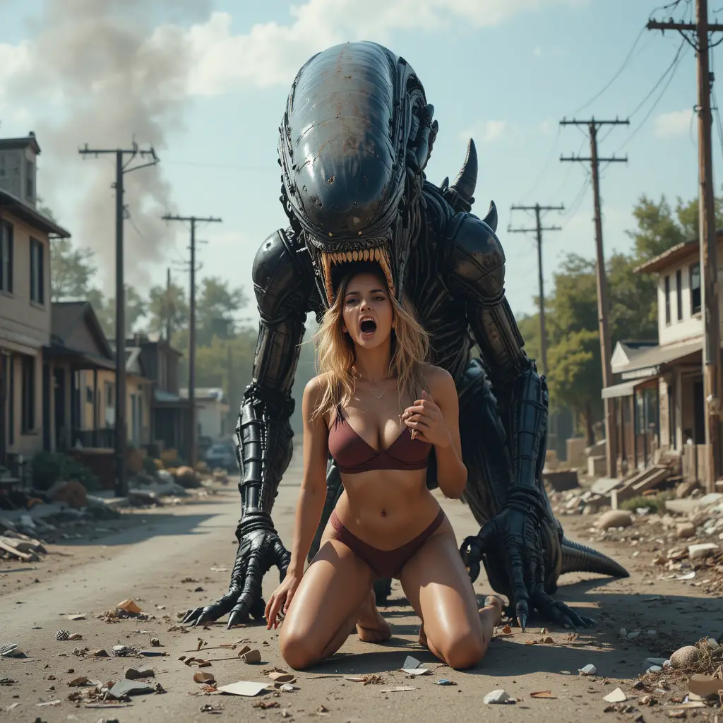 Monstro alienígena gigante atacando uma mulher ajoelhada e apavorada