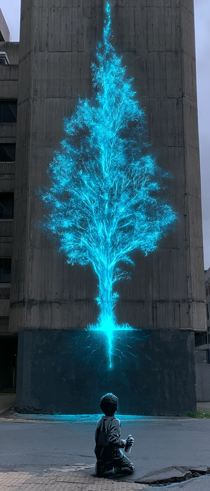 Garota de anime invoca mural de árvore neon em parede da cidade