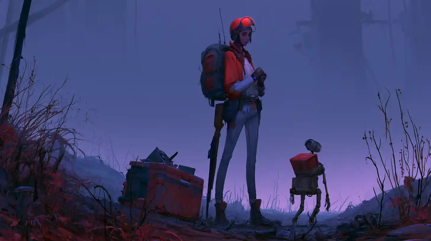 Catadora armada e androide em ruínas pós-apocalípticas