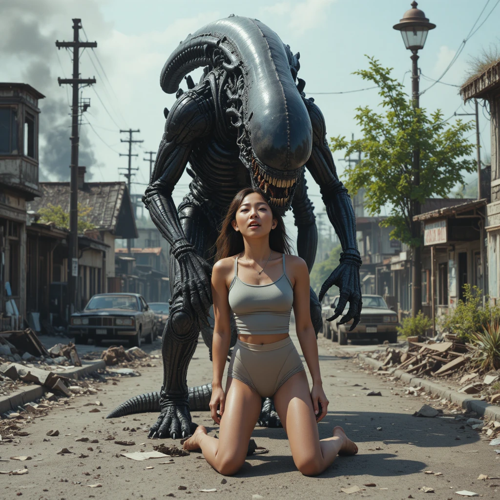 Monstro alienígena gigante atacando mulher em rua de cidade em ruínas