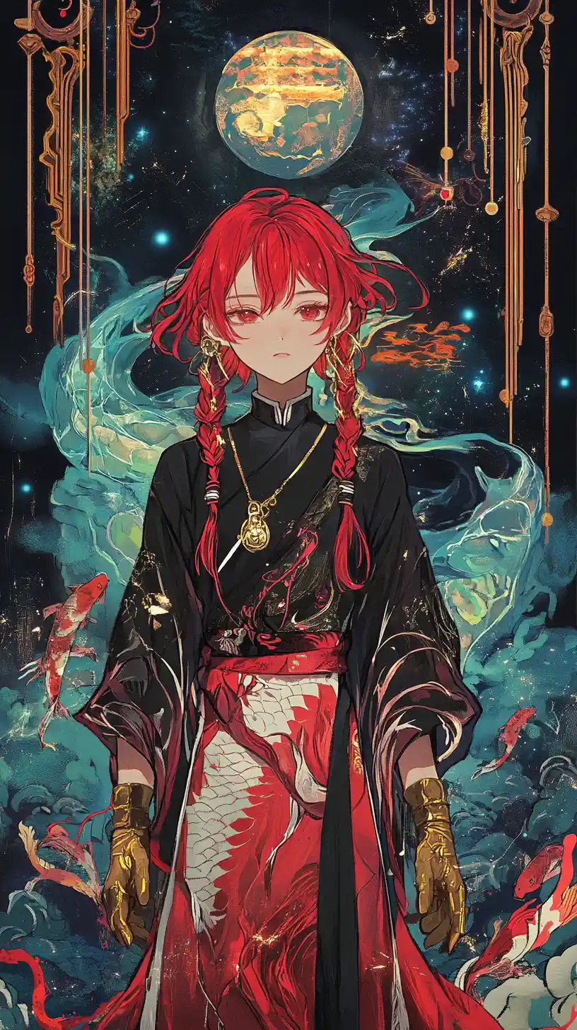 Ragazza anime con dettagliato outfit futuristico rosso e nero
