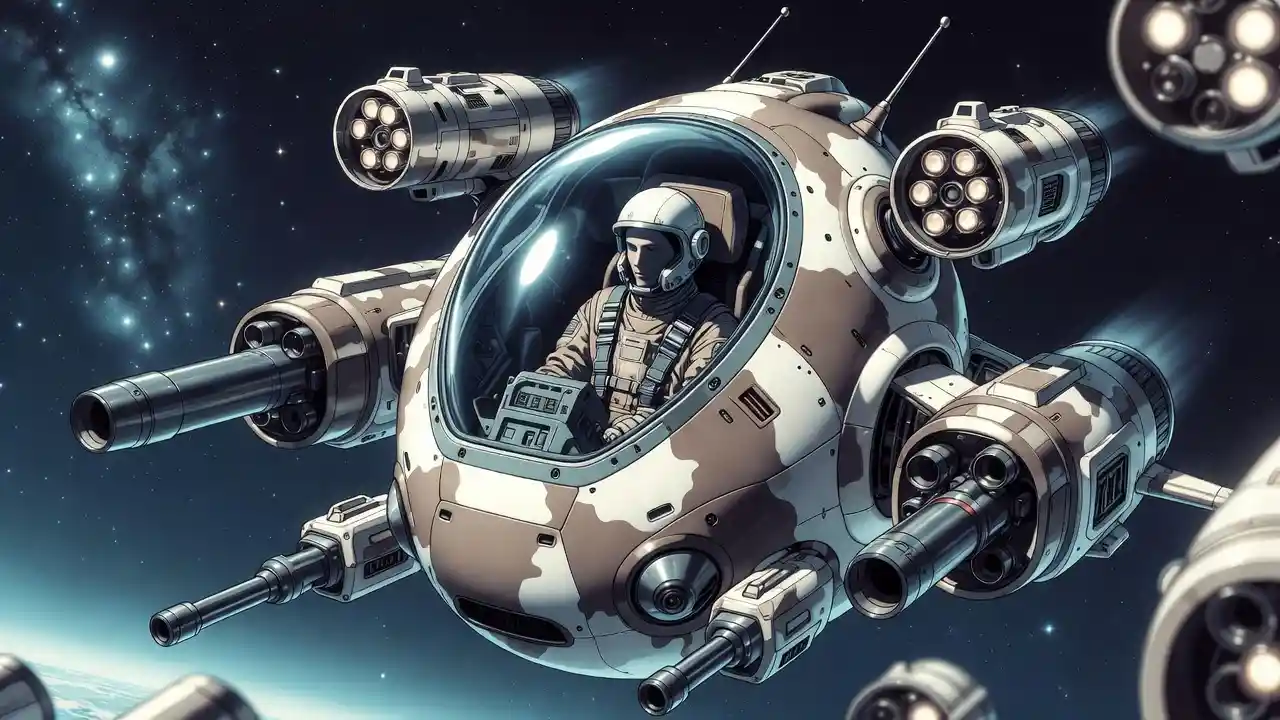 Spherical single seat space fighter with visible pilot