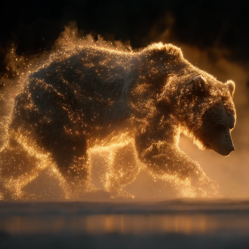 Ours cinématographique émergeant de la brume et de rayons de lumière volumétrique