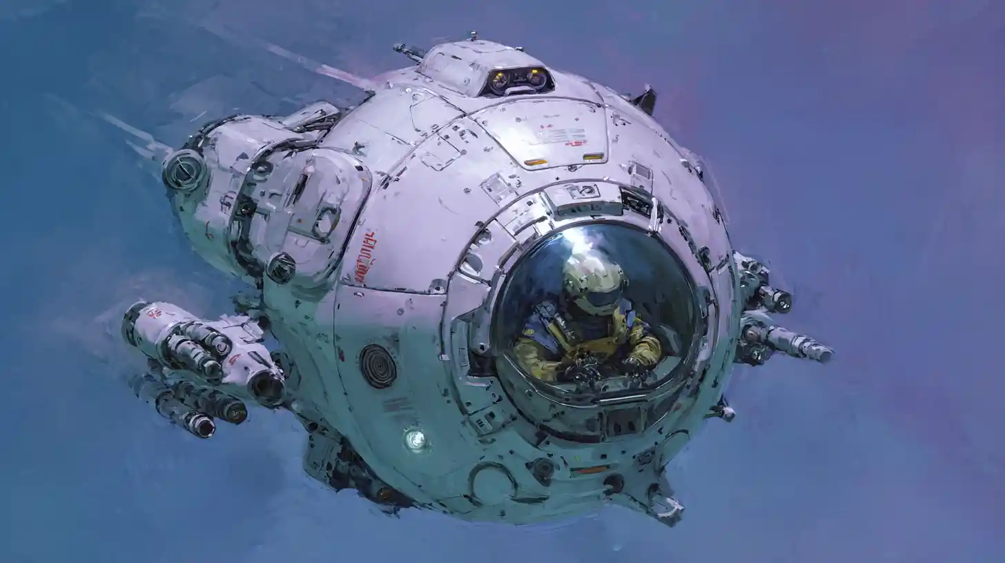 Spherical single seat space fighter with visible pilot cockpit