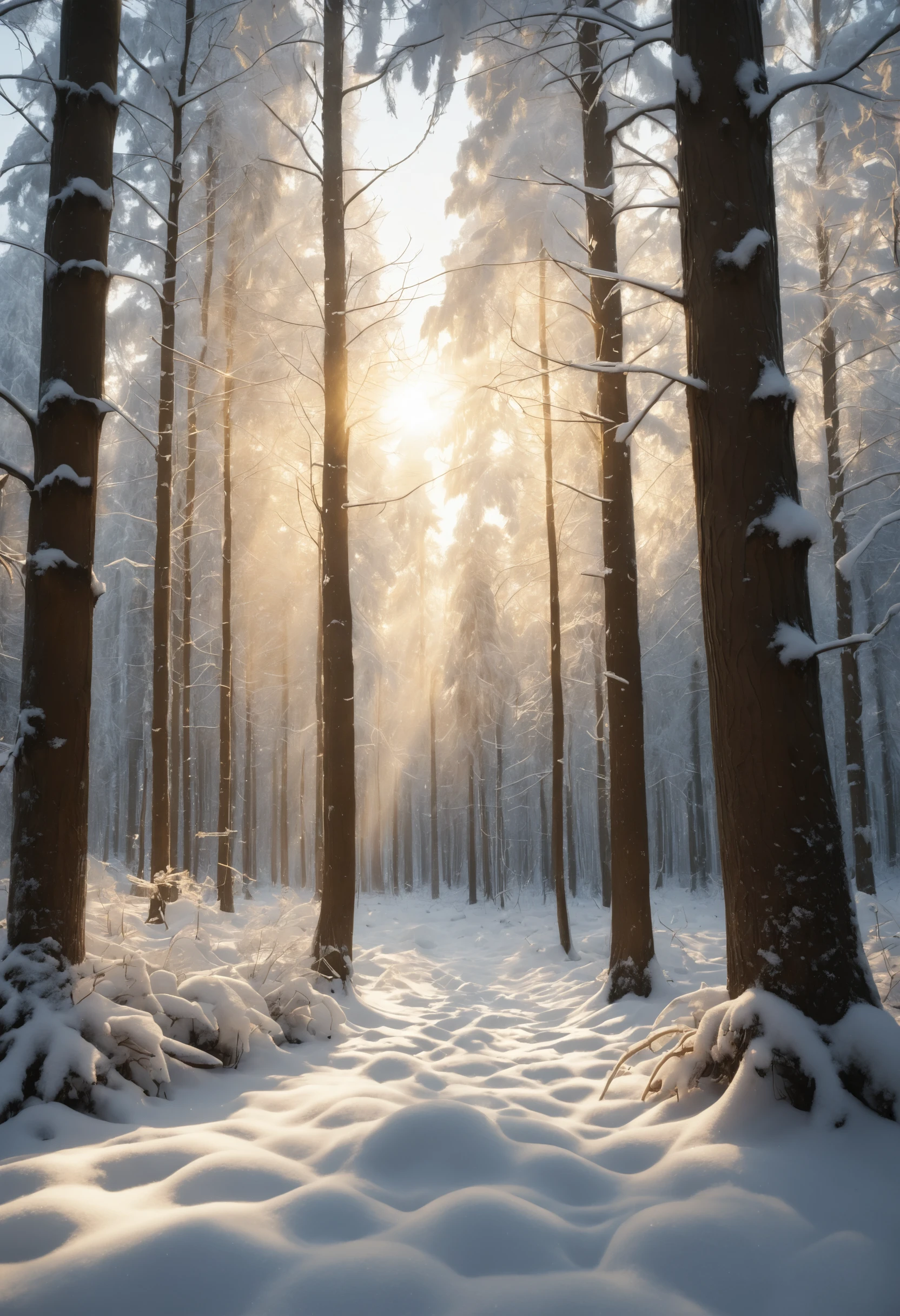 Verschneiter Winterwald im goldenen Abendlicht