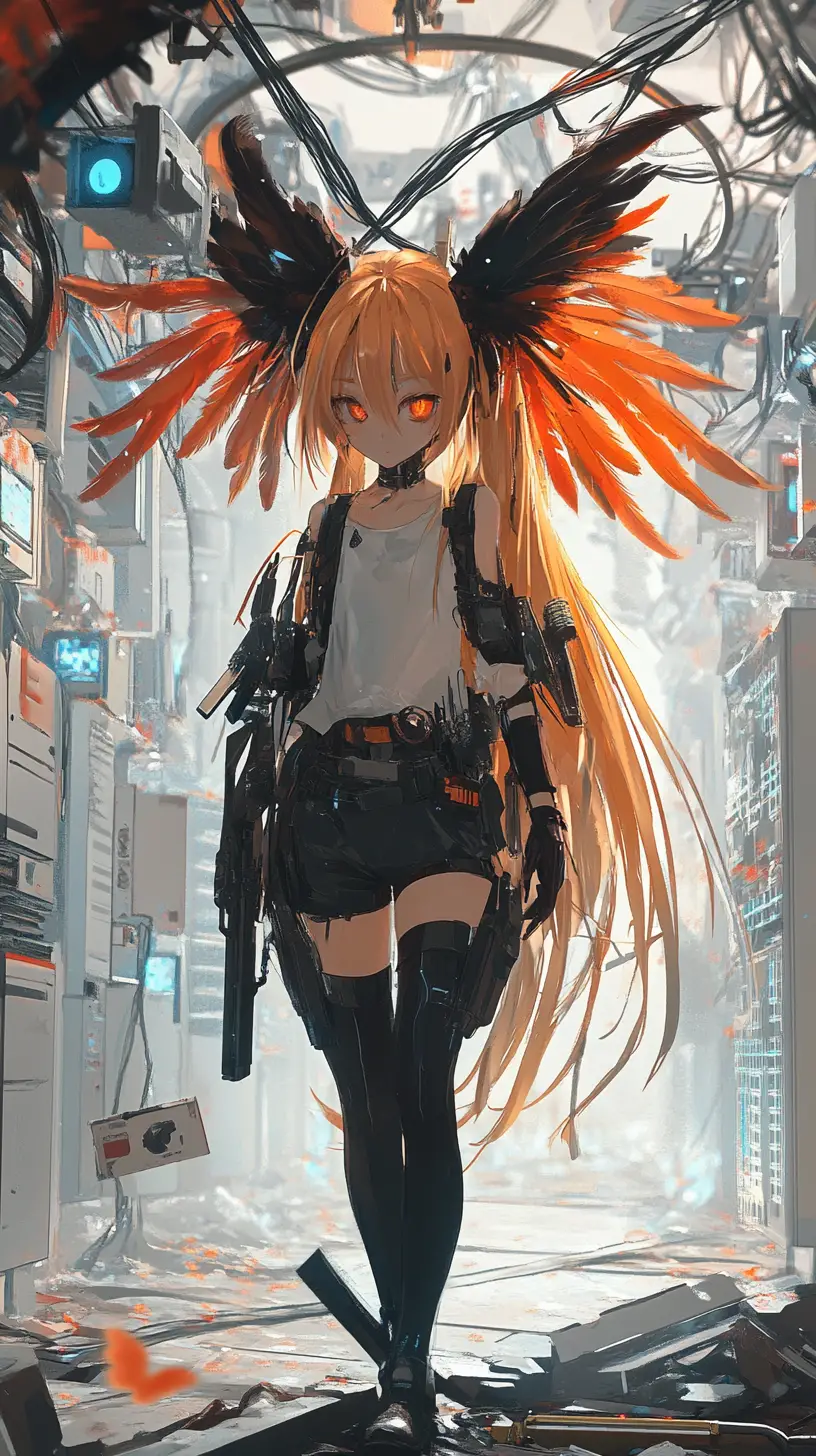 持槍的動漫少女走在昏暗的伺服器機房中