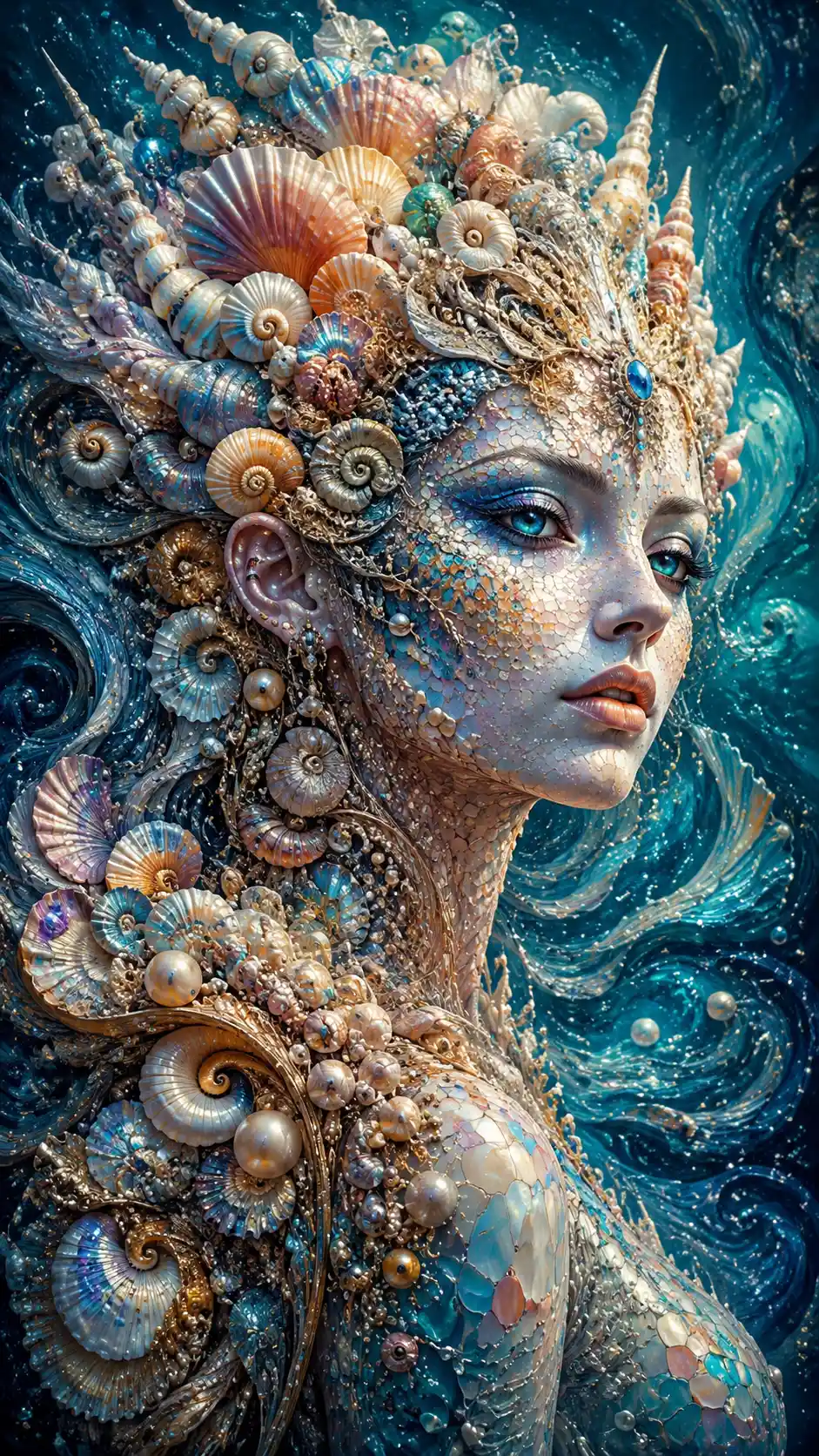 Retrato Surrealista de Reina Sirena con Piel y Cabello de Conchas