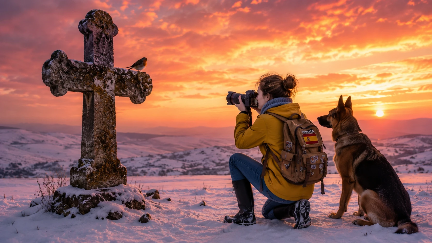 Mädchen fotografiert ein Rotkehlchen auf einem alten Steinkreuz bei Sonnenuntergang