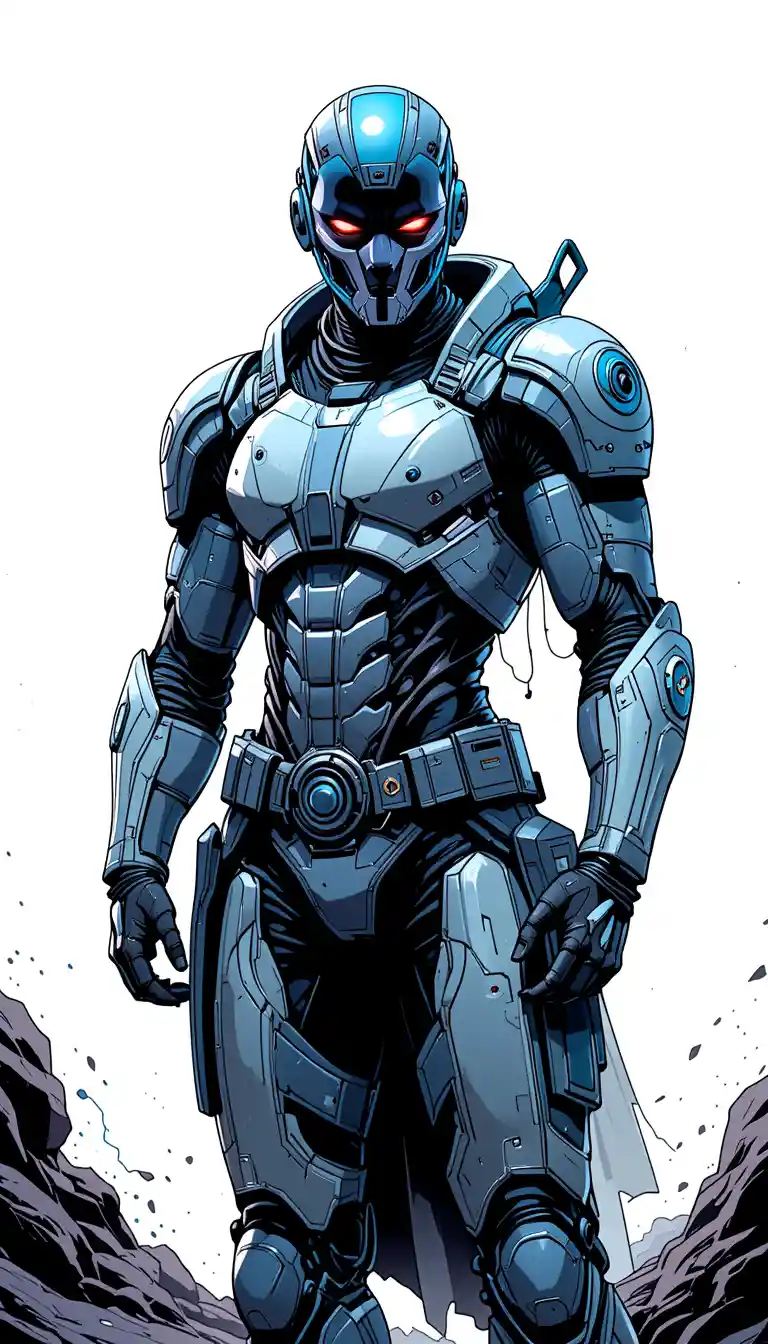 Pirati spaziale futuristico con armatura avanzata su sfondo bianco