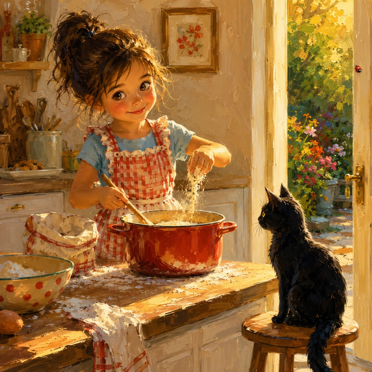 Niña pequeña cocinando en una cocina moderna y soleada - pintura