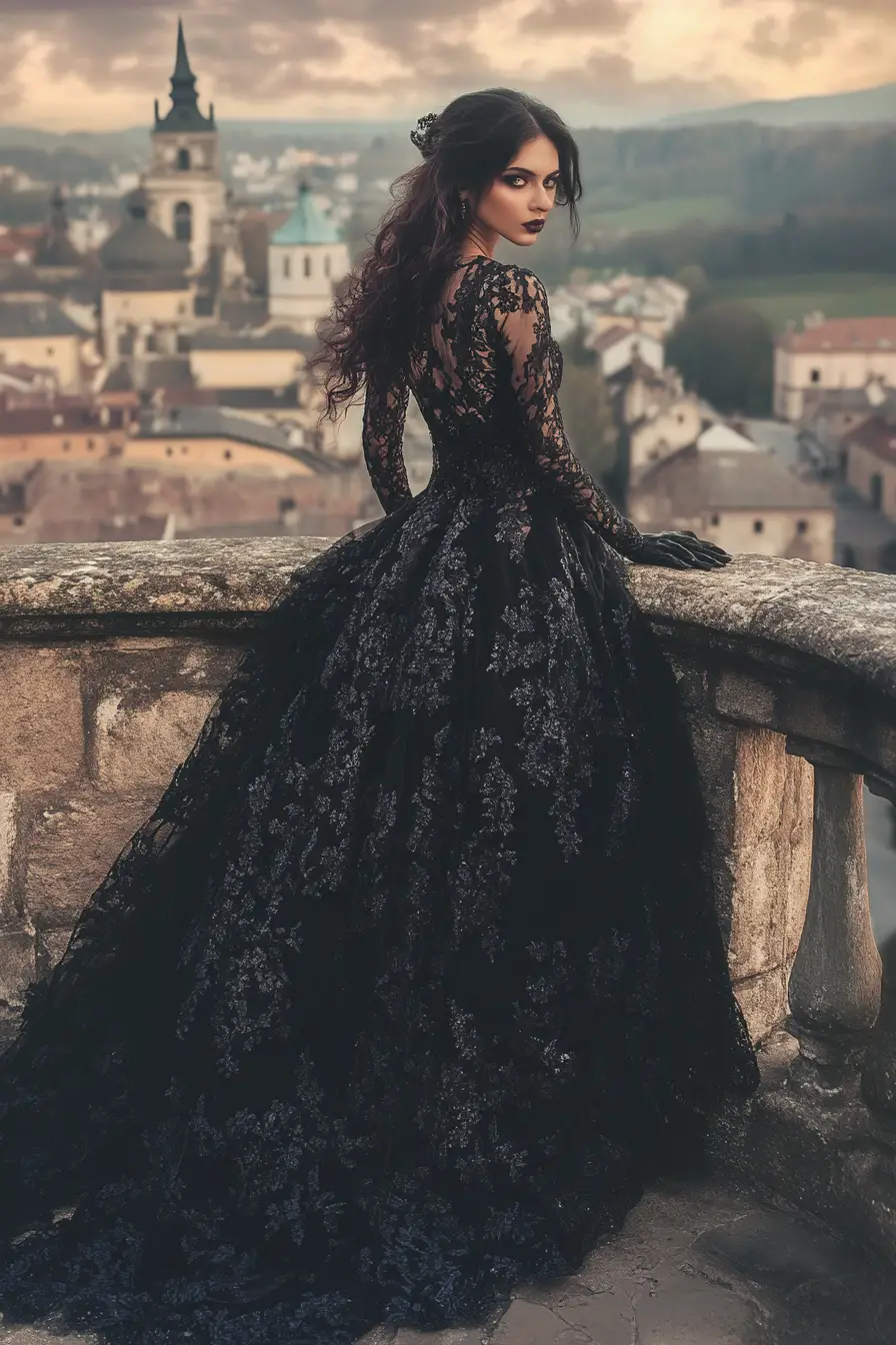 Mulher mística em vestido de renda preta na varanda de um castelo ao luar