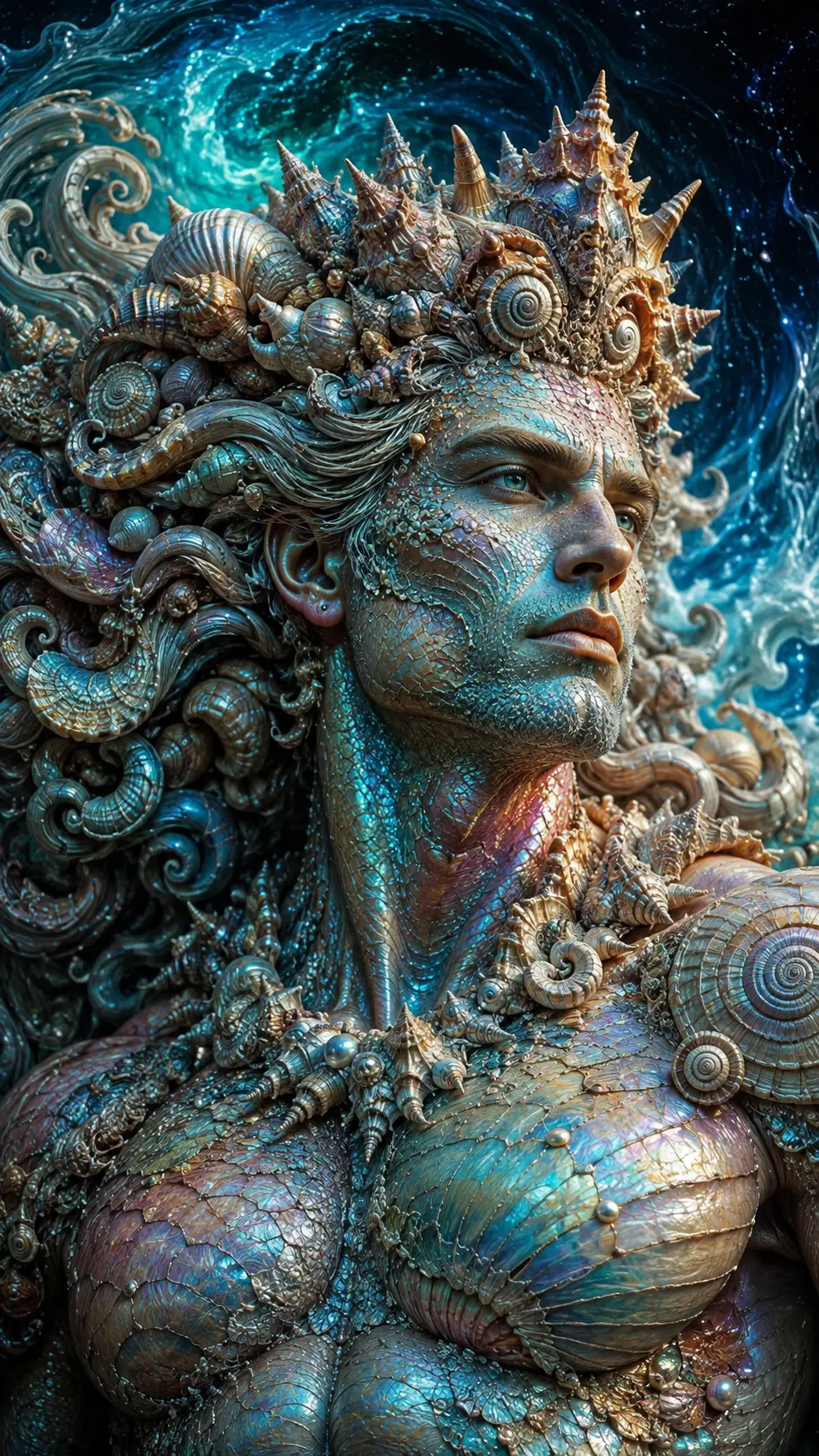 Ritratto Surreale di un Potente Re Sirena di Conchiglie