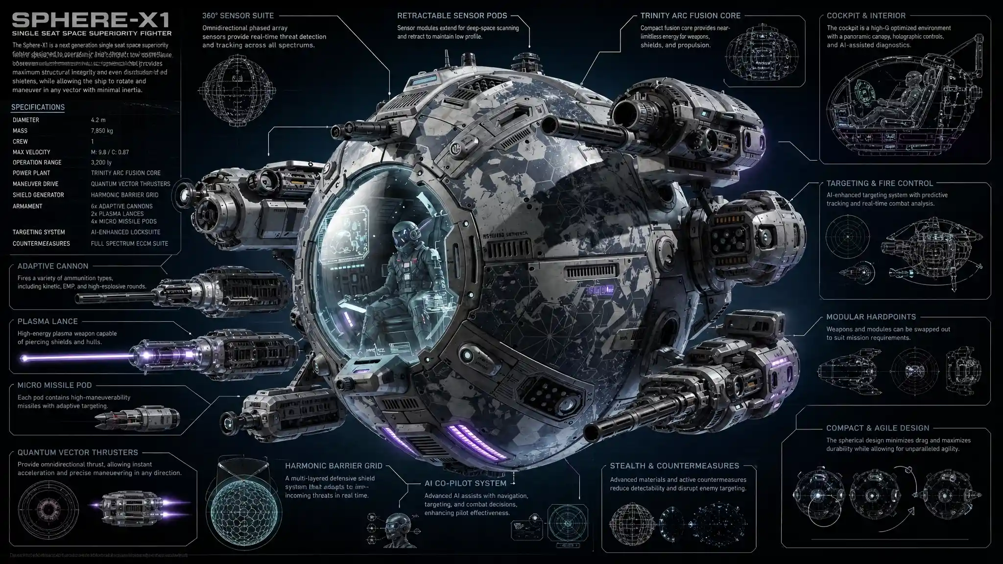 Spherical single seat space fighter with visible pilot cockpit