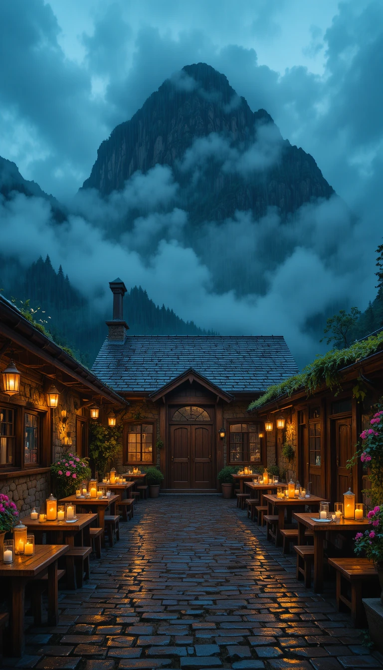 Cortile di un caffè di montagna illuminato da candele in una notte piovosa e nebbiosa