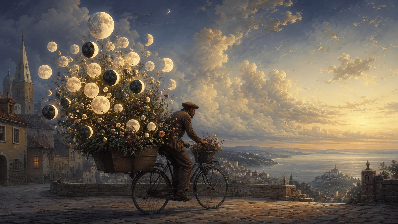 Florista Pedalando Uma Bicicleta de Entrega Sob Céus Amplos e Oníricos