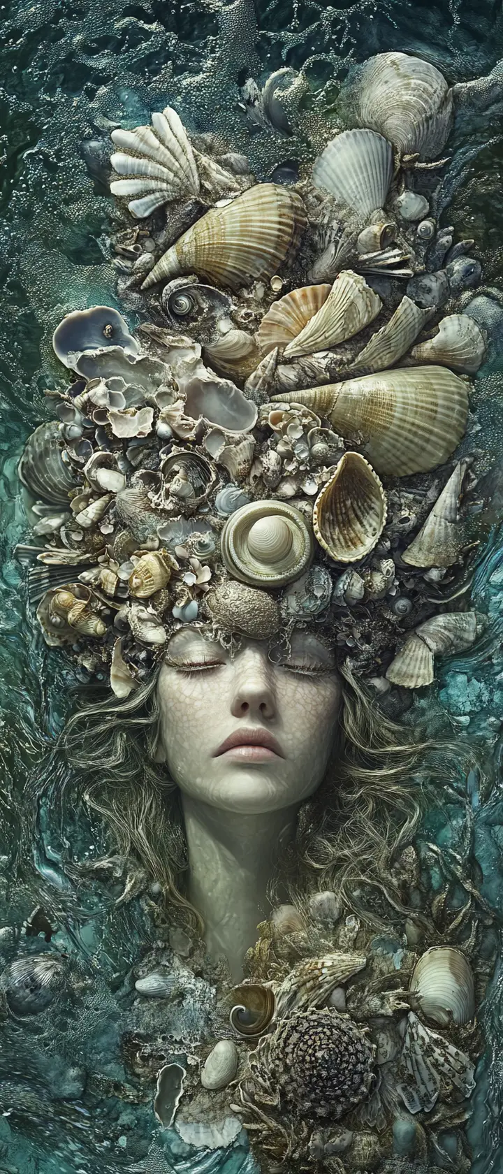 Ritratto surreale di regina sirena con pelle perlacea a conchiglia