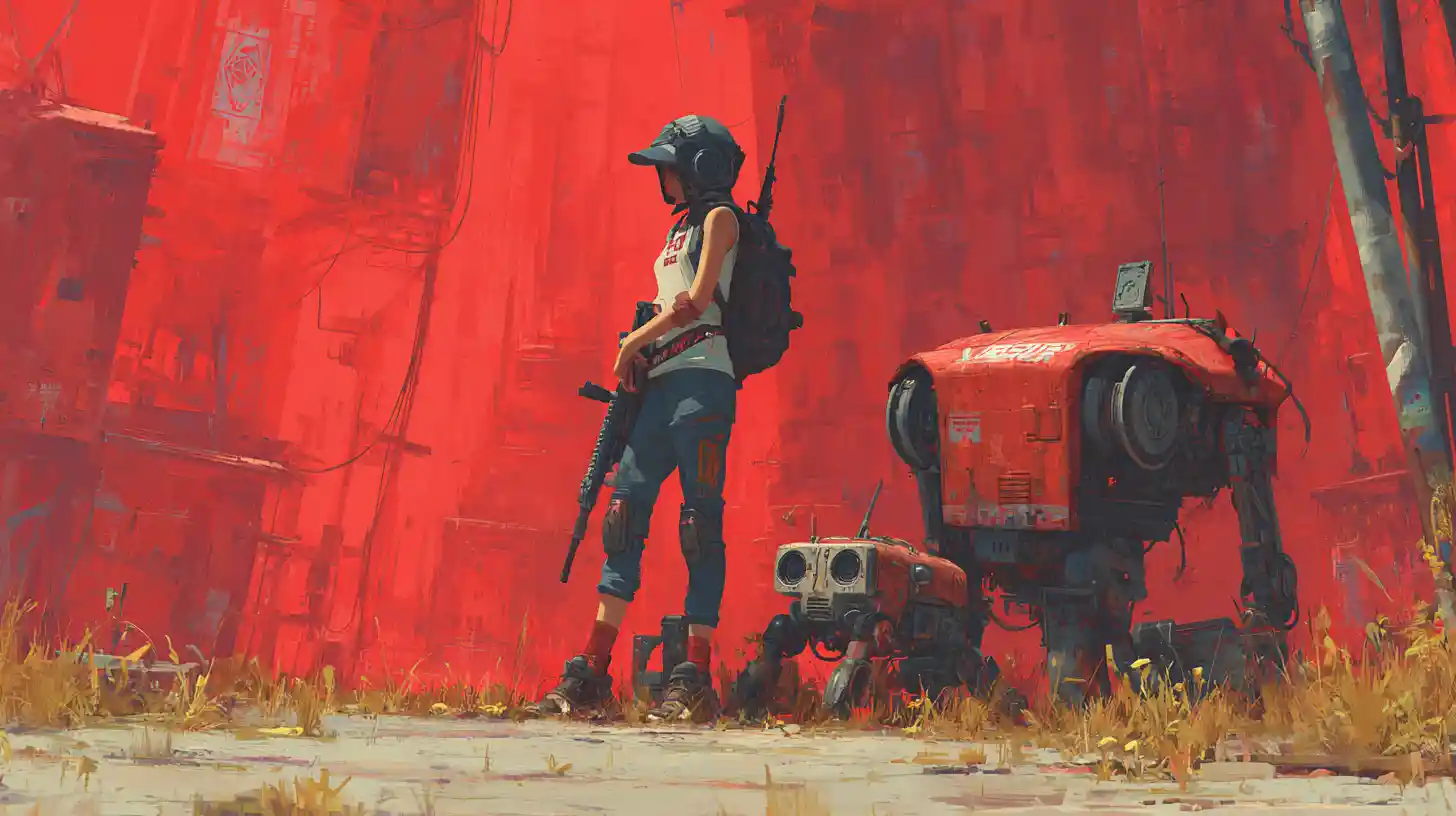 Armed Woman And Droid Scavenging A Post Apocalyptic City