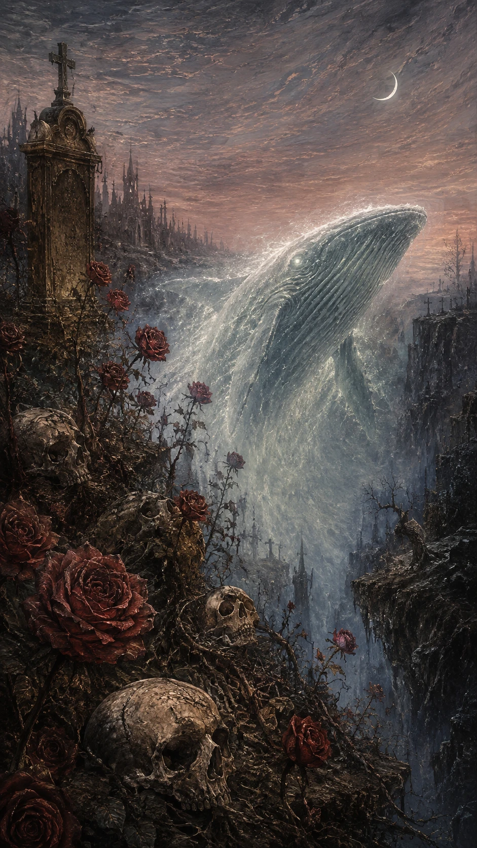 Rosas de Cemitério e uma Baleia Espectral Brilhante ao Crepúsculo