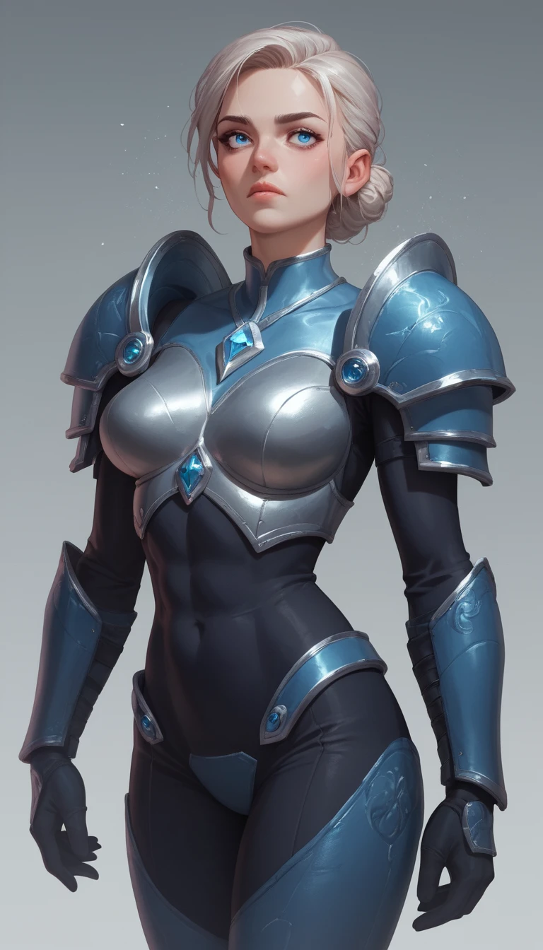 Heroína de anime blindada com cabelo platinado selvagem e olhos azuis