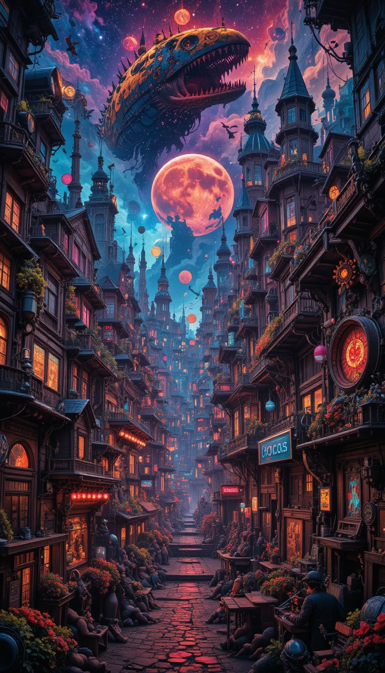 Vibrante cidade steampunk com engrenagens de néon e cosmos
