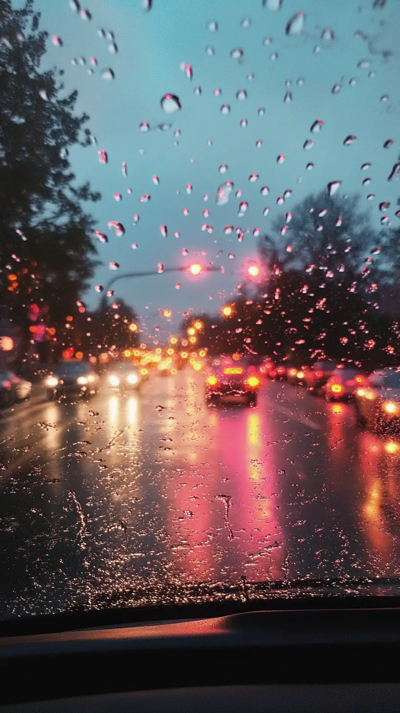 黃昏細雨中擋風玻璃的特寫與閃耀雨滴