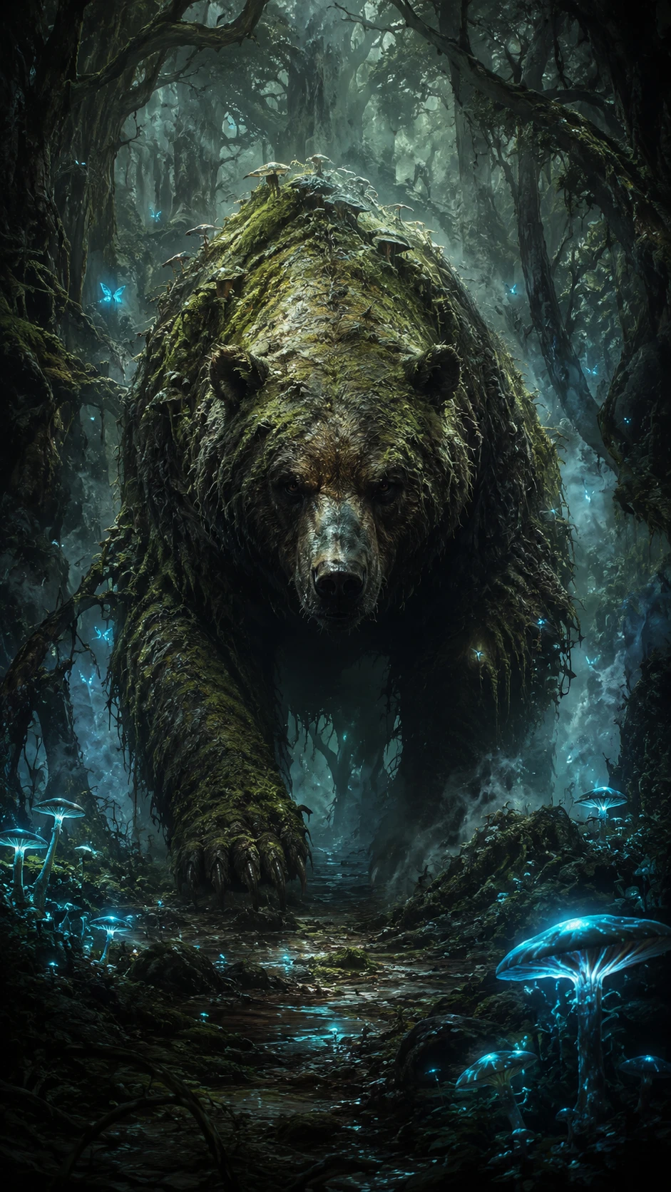 Orso ricoperto di muschio che emerge da una foresta incantata e luminosa
