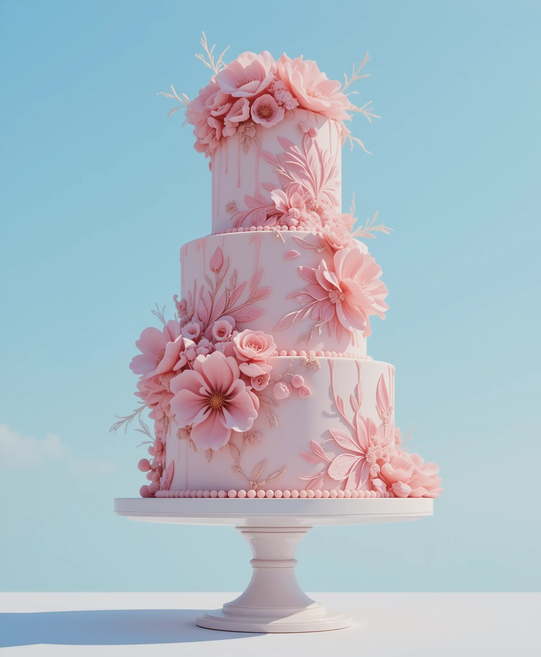 Elegante pinkfarbene Blumenkuchen vor klarem blauen Himmel