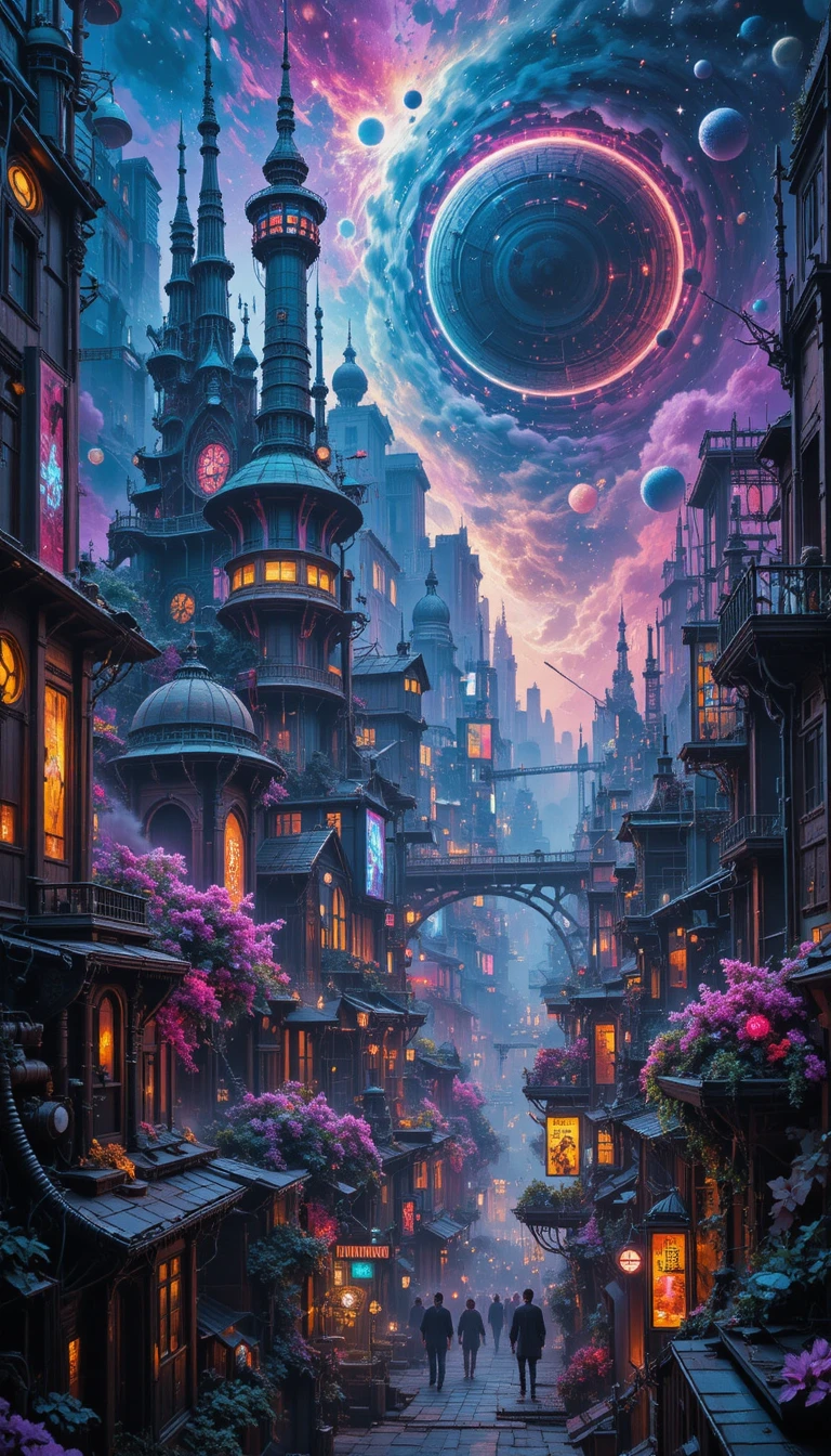 Vibrante cidade steampunk com luzes de néon e céu cósmico