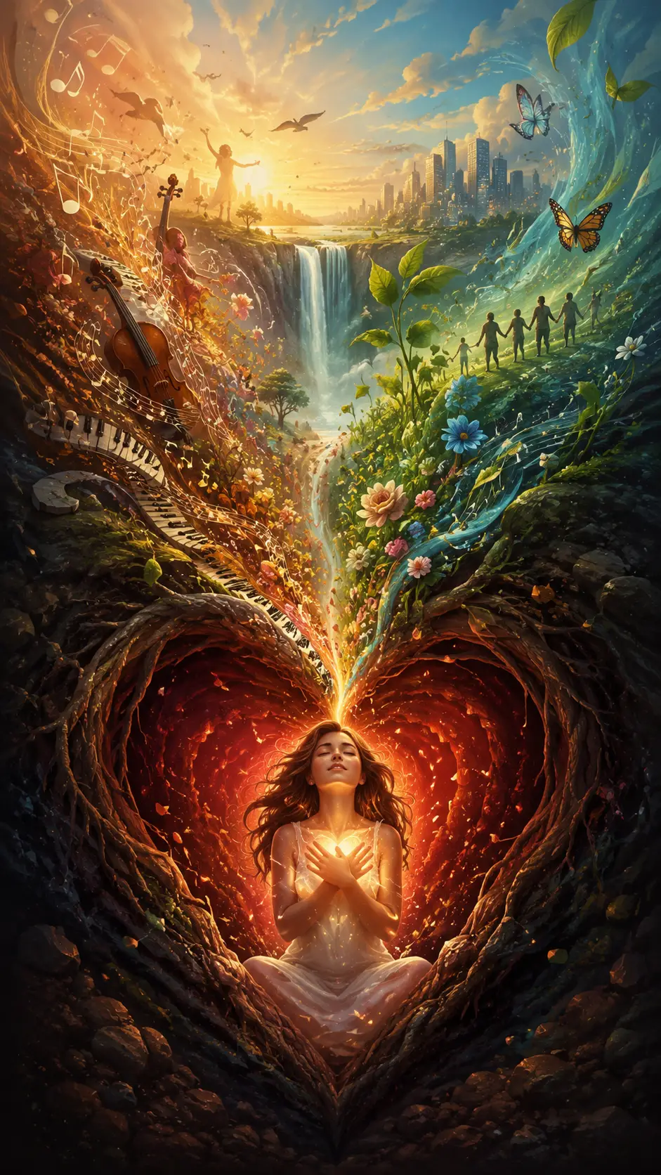Surreal bright heart rising from the very depths within