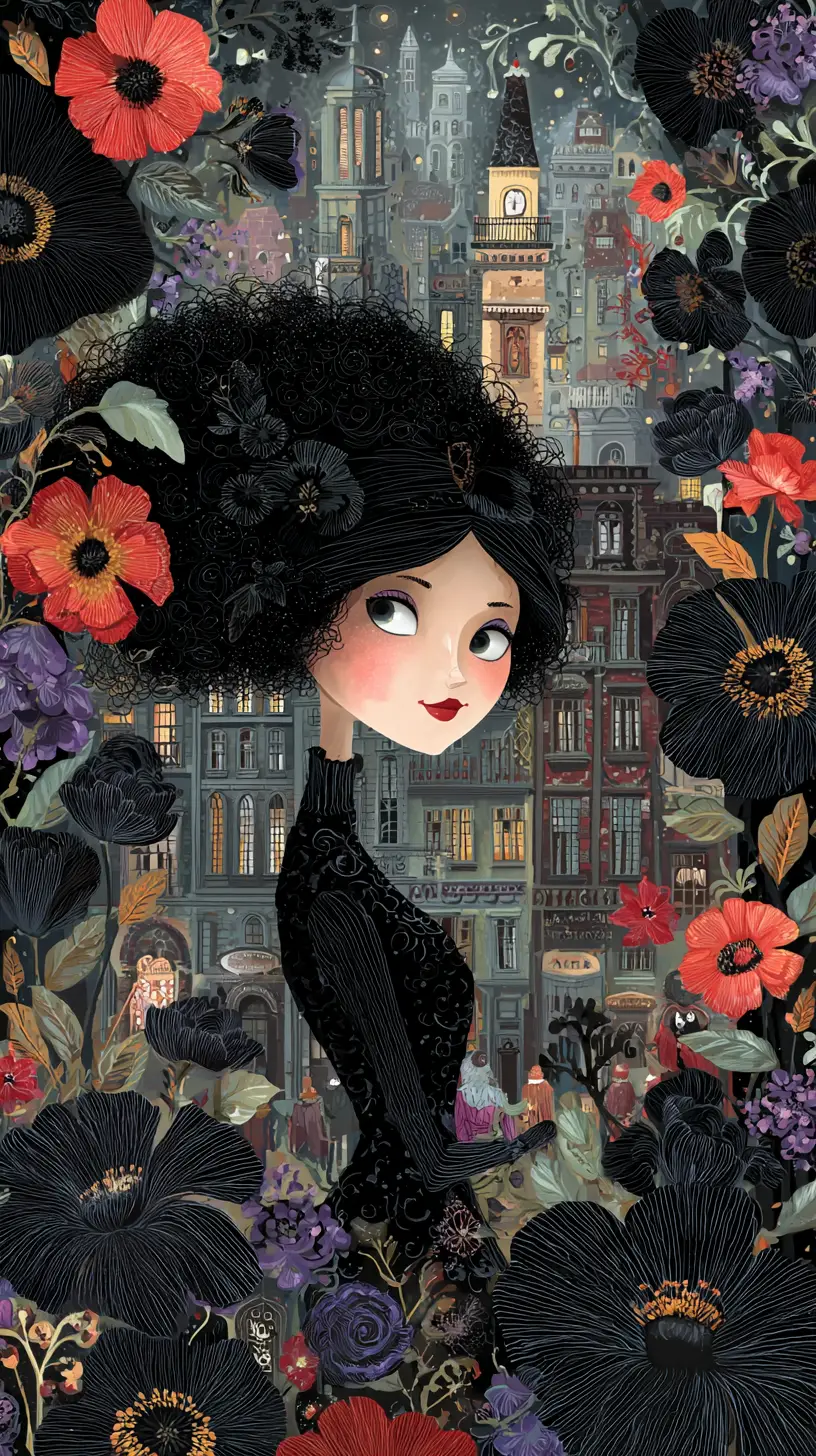 Donna gotica sorridente in nero con fiori nel centro storico