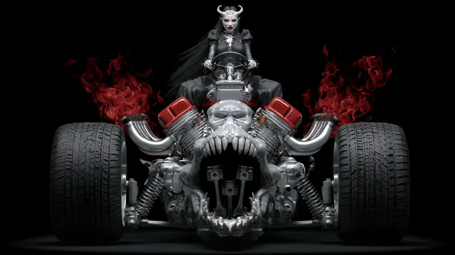 Motore V8 demoniaco con mostruose fauci e fiamme