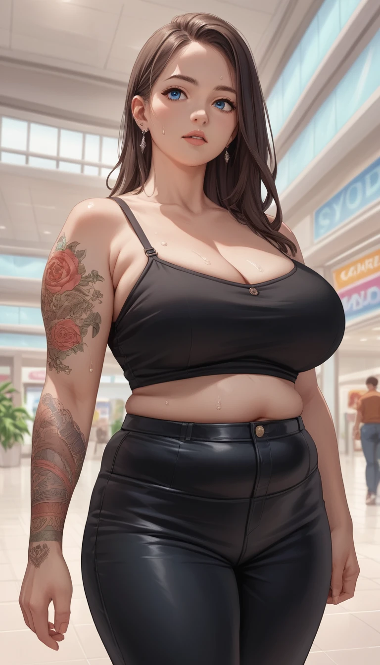 Mulher anime curvilínea de roupa preta no shopping