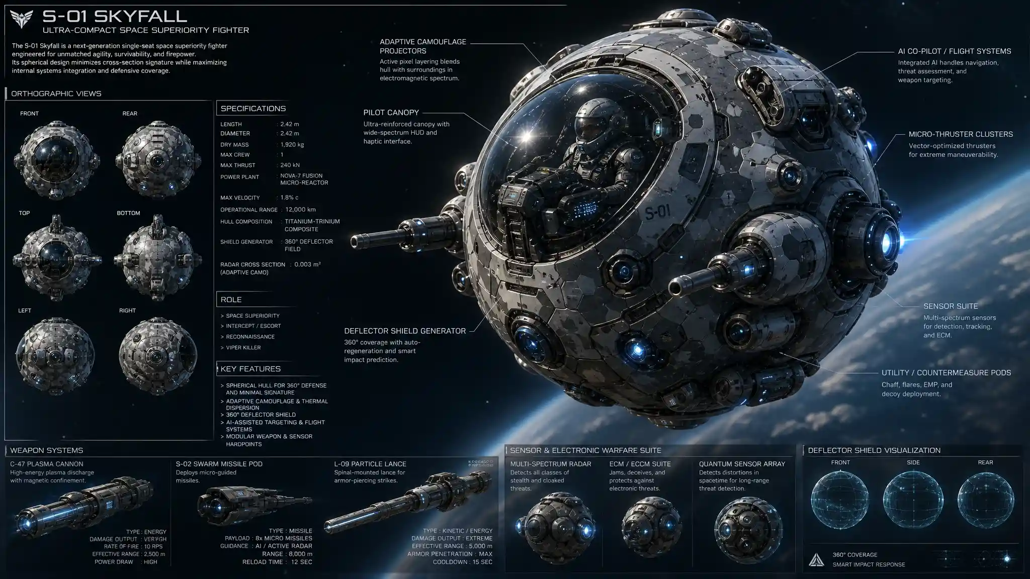 パイロットコックピットが見える未来的な球体型宇宙戦闘機