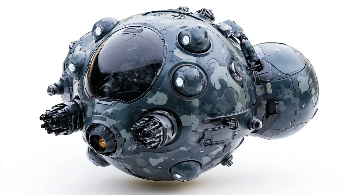 Spherical single seat space fighter with visible pilot