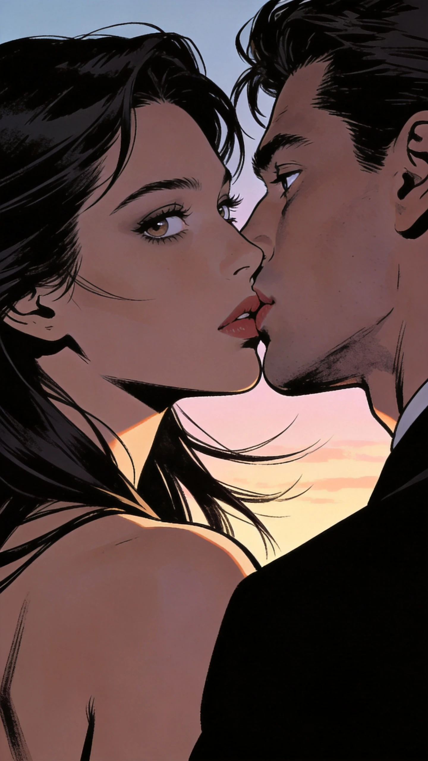 Close íntimo de um casal prestes a se beijar ao pôr do sol