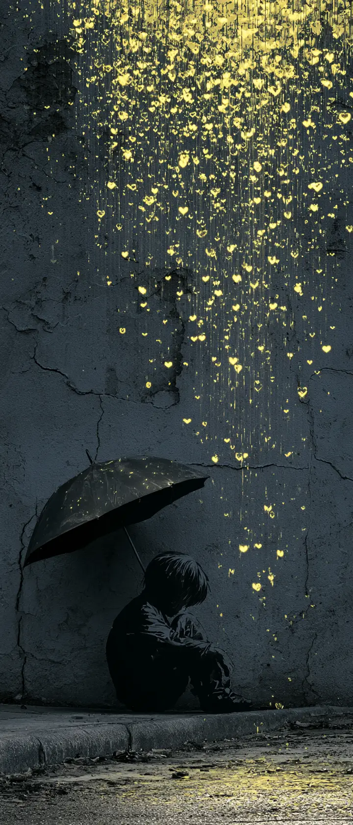 霓虹像素雨下撐傘的動漫剪影人物