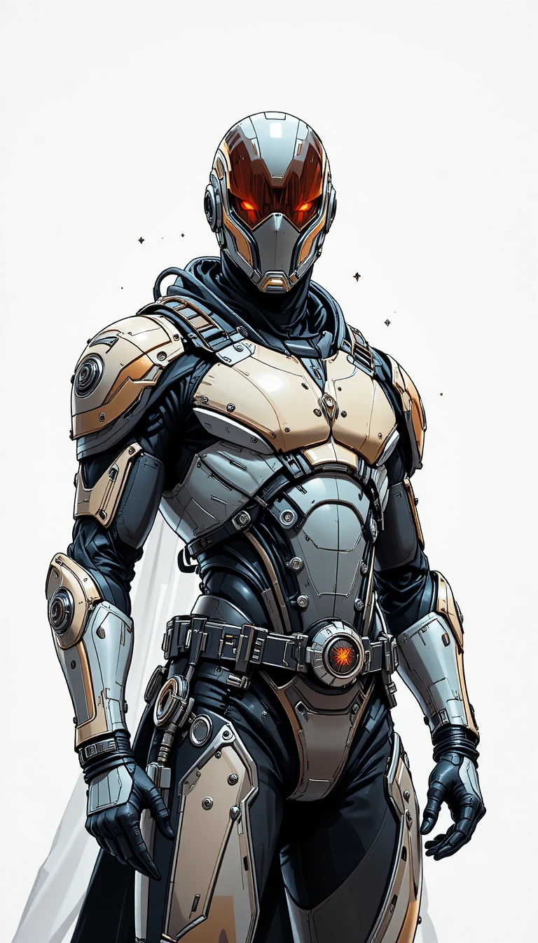 Pirata espacial futurista com armadura de alta tecnologia em fundo branco